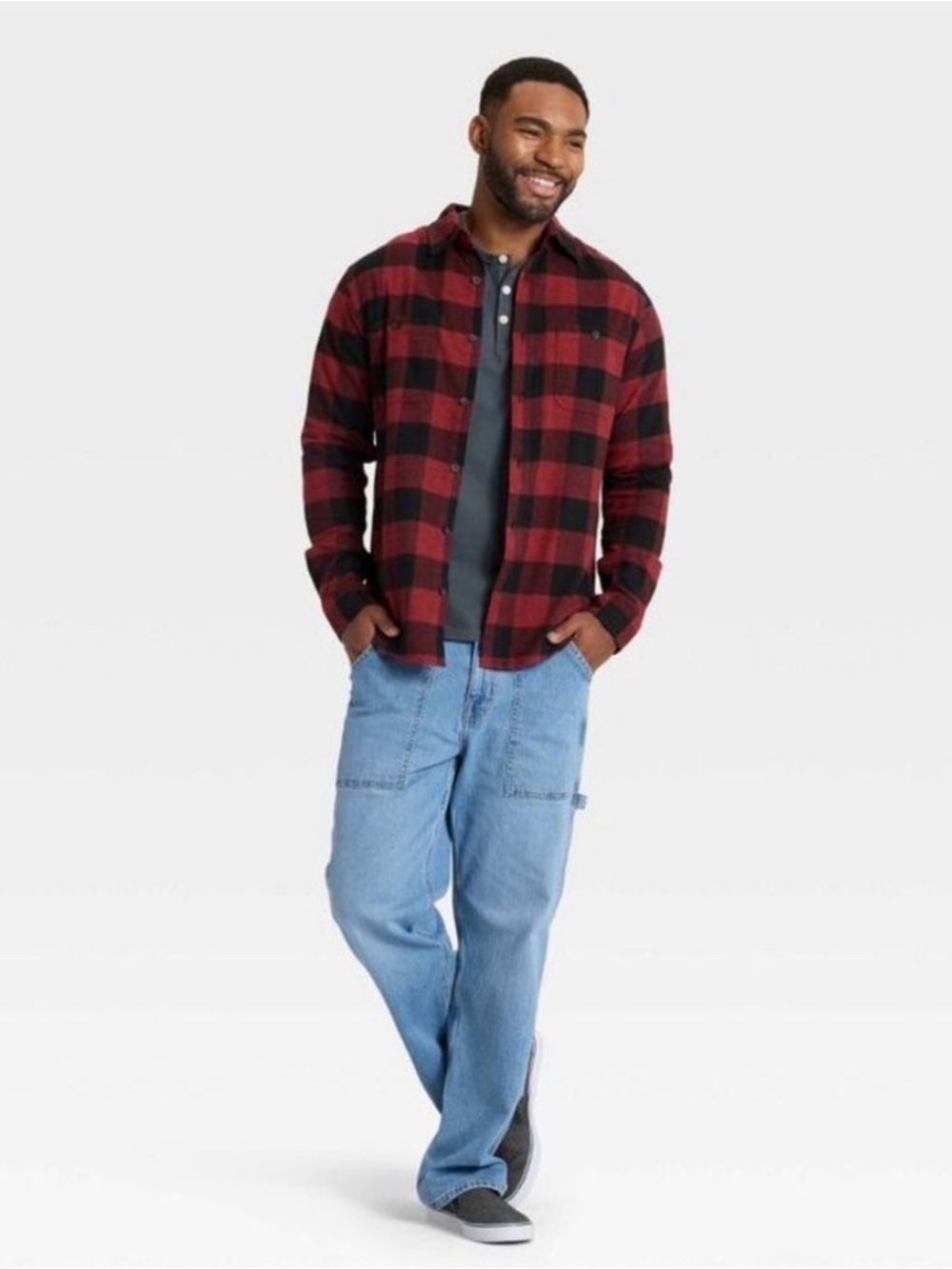 Goodfellow & Co Men's Vintage MidWeight Long Sleeve Flannel Shirt Dark Red Check - Picture 3 of 7